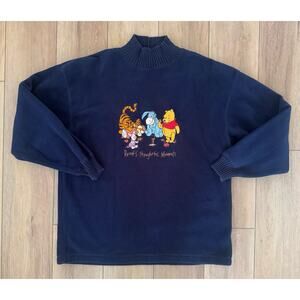 Vintage 90s Disney Store Winnie the Pooh Fleece Sweater Navy Blue Turtleneck XL